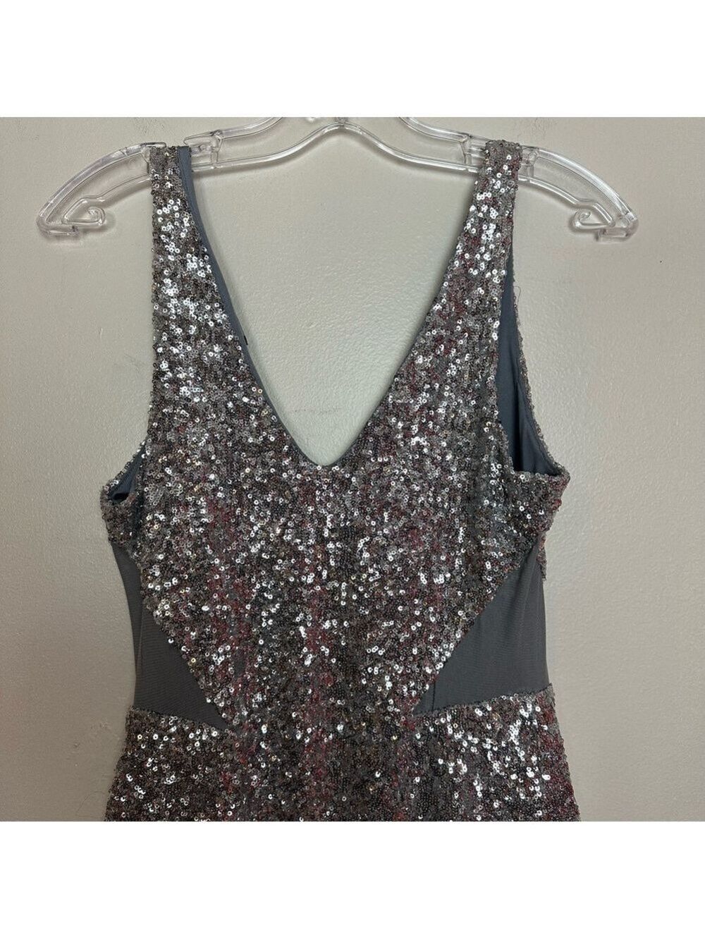 Bebe Silver Sequin Bodycon Sleeveless Mini Dress with Mesh Cutouts - Picture 6 of 14
